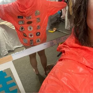 Handmade Windbreaker Jacket with Patches Neon Orange Pullover Pocket Hoodie XL